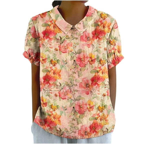 JTZGDY Plus Size Women Linen Shirts Dressy Casual Floral Printed Summer Short Sleeve Oversized Lapel Collared Round Neck Graphic T-Shirts Top Loose Fit Business Work Tunic Blouse Multicolor#48 XXXL