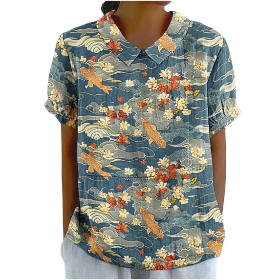 JTZGDY Plus Size Women Linen Shirts Dressy Casual Floral Printed Summer Short Sleeve Oversized Lapel Collared Round Neck Graphic T-Shirts Top Loose Fit Business Work Tunic Blouse Multicolor#06 XXXL