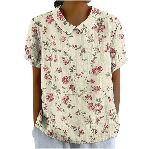 JTZGDY Plus Size Women Linen Shirts Dressy Casual Floral Printed Summer Short Sleeve Oversized Lapel Collared Round Neck Graphic T-Shirts Top Loose Fit Business Work Tunic Blouse Multicolor#02 M