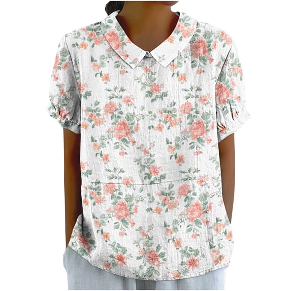 JTZGDY Plus Size Women Linen Shirts Dressy Casual Floral Printed Summer Short Sleeve Oversized Lapel Collared Round Neck Graphic T-Shirts Top Loose Fit Business Work Tunic Blouse Multicolor#45 XXXL