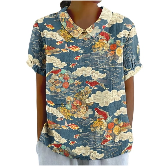 JTZGDY Plus Size Women Linen Shirts Dressy Casual Floral Printed Summer Short Sleeve Oversized Lapel Collared Round Neck Graphic T-Shirts Top Loose Fit Business Work Tunic Blouse Multicolor#06 M