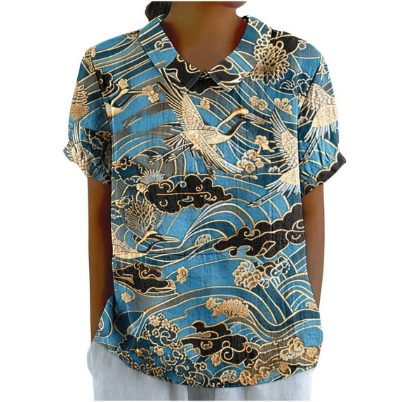 JTZGDY Plus Size Women Linen Shirts Dressy Casual Floral Printed Summer Short Sleeve Oversized Lapel Collared Round Neck Graphic T-Shirts Top Loose Fit Business Work Tunic Blouse Multicolor#21 XL