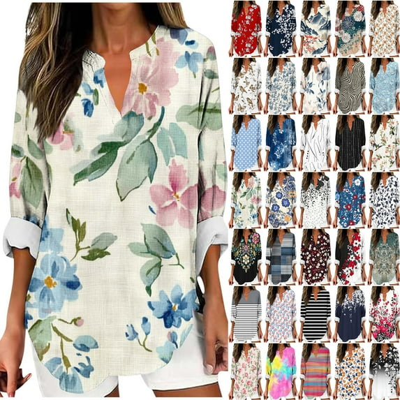 JTZGDY Plus Size Women's Boho Floral Print Tops Fall Casual Rolled-up Long Sleeve V Neck Tshirts Blouse Loose Fit Beach Vacation Outfits Black#02 S