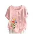 thumbnail image 1 of JTZGDY Plus Size Women's Summer Floral Print Cotton Linen Tops Casual Boho Short Sleeve Crewneck Graphic T Shirt Loose Lightweight Dressy Blouse Tunics 2025 Pink XL, 1 of 4