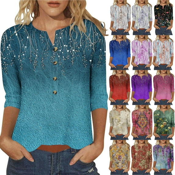 JTZGDY Plus Size Womens 3/4 Sleeve Tops Vintage Floral Printed Button V Neck Henley Shirts Loose Oversized Dressy Casual Tunic Blouse for Leggings Red#02 S