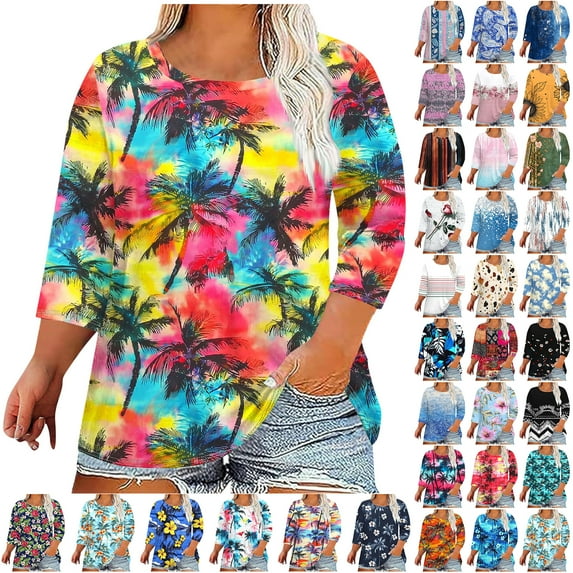 JTZGDY Plus Size Womens 3/4 Sleeve Tops Vintage Floral Printed Summer Graphic T-Shirts Loose Oversized Crewneck Tunic Blouse Fashion 2025 Outfit Clothes Green XL