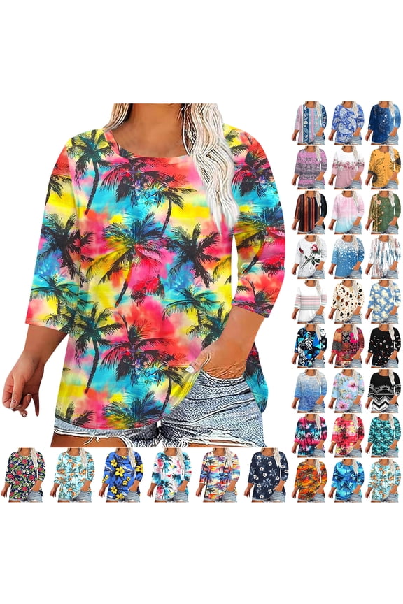 Plus Size Womens 3/4 Sleeve Tops Vintage Floral Printed Summer Graphic T-Shirts Loose Oversized Crewneck Tunic Blouse Fashion 2025 Outfit Clothes Blue#01 XXL