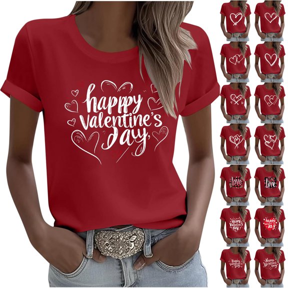 JTZGDY Plus Size Womens Heart Tops Trendy Valentines Day Short Sleeve Crew Neck Graphic Red T-Shirts Loose Oversized Casual Holiday Tees Blouse Red#10 M