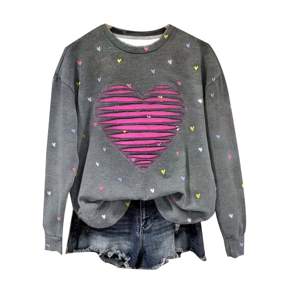 JTZGDY Plus Size Womens Heart Tops Valentines Day Long Sleeve Crewneck Pullover Sweatshirts Fashion 2026 Oversized Holiday Pattern Graphic Tees Shirt Gray XXL