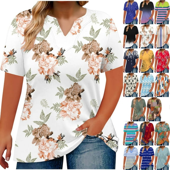 JTZGDY Plus Size Womens Summer Tops Casual Printed Short Sleeve V Neck Graphic T-Shirts Loose Oversied Basic Tunic Blouse Trendy Cozy Pullovers Blue L