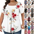 thumbnail image 1 of JTZGDY Plus Size Womens Summer Tops Dressy Square Neck Floral Printed Short Sleeve Ruched Pleated Flowy Tunic Blouse Loose Fit Casual Graphic Holiday Vacation Tees Shirt White#02 XXXXXL, 1 of 6
