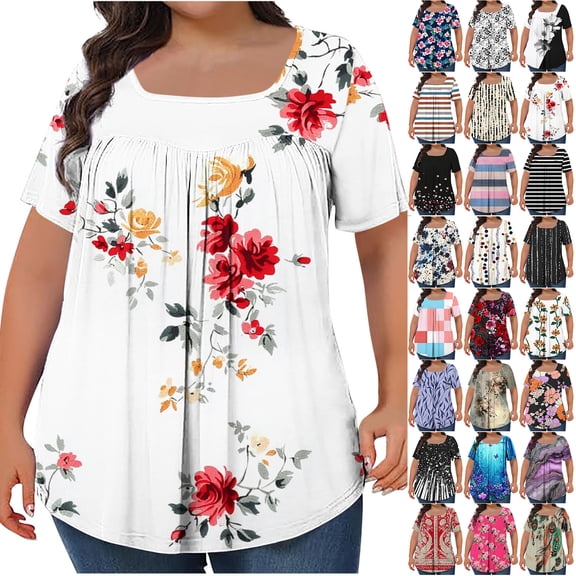JTZGDY Plus Size Womens Summer Tops Dressy Square Neck Floral Printed Short Sleeve Ruched Pleated Flowy Tunic Blouse Loose Fit Casual Graphic Holiday Vacation Tees Shirt White#01 XL
