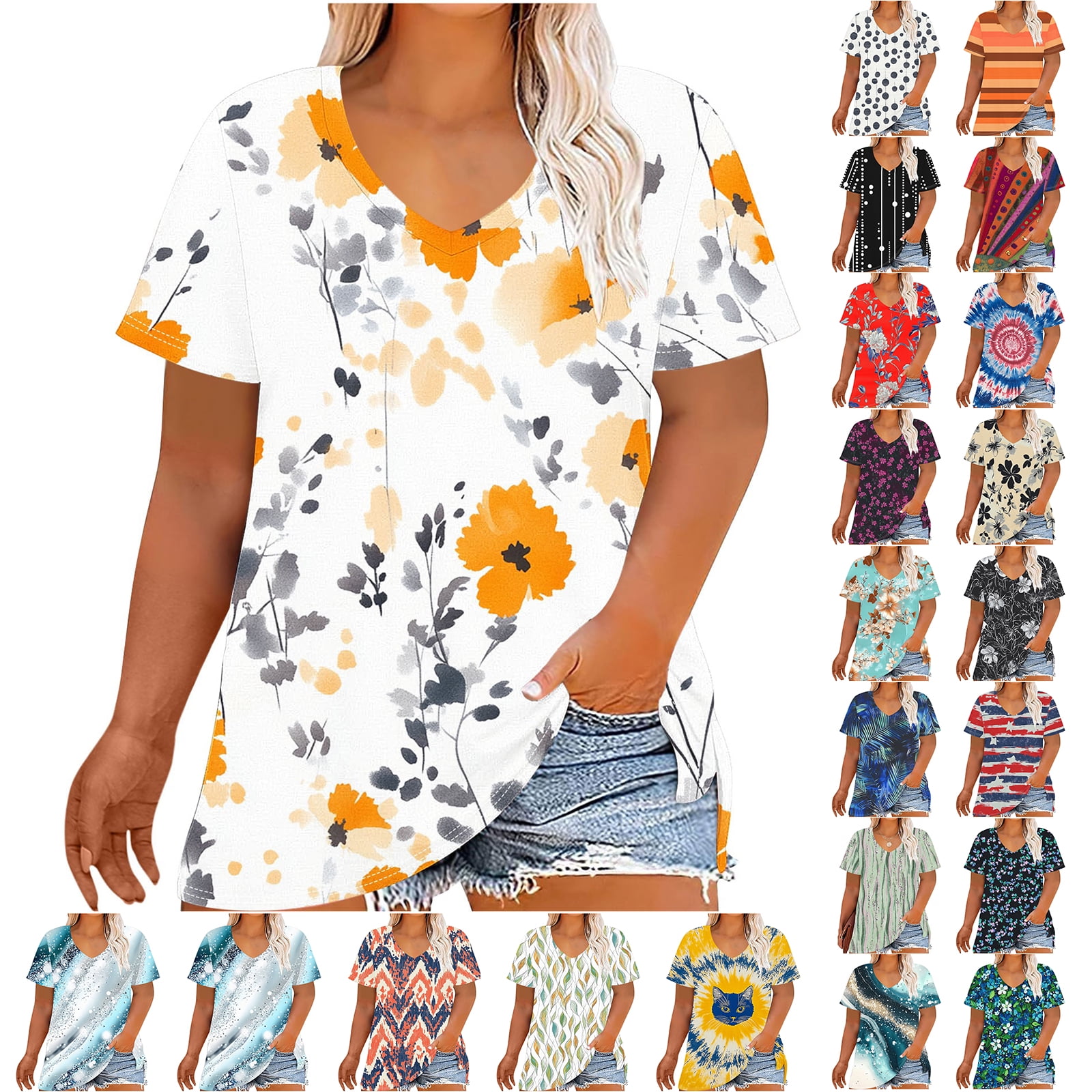 JTZGDY Plus Size Womens Summer Tops Vintage Printed Short Sleeve Round ...