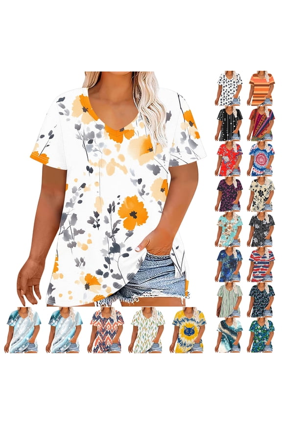 Plus Size Womens Summer Tops Vintage Printed Short Sleeve Round Neck Graphic T-Shirts Loose Fit Blouses Trendy Oversized Soft Cotton Tees Multicolor#03 XXXXL