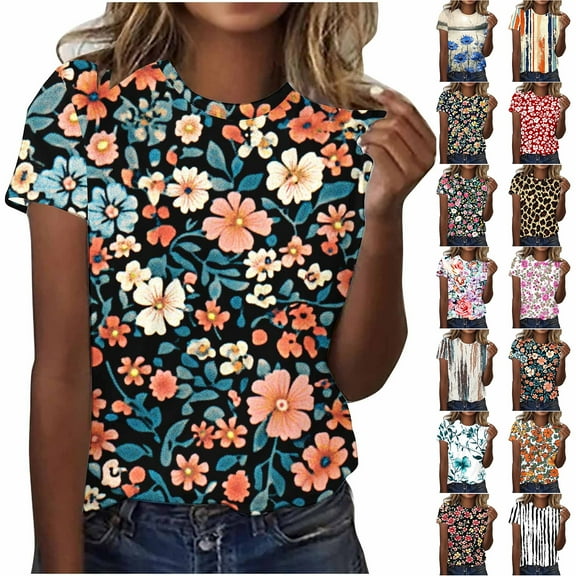 JTZGDY Plus Size Womens T-Shirts Cute Floral Printed Summer Short Sleeve Round Neck Graphic Tees Trendy Oversized Casual Tunic Blouse Multicolor#01 L