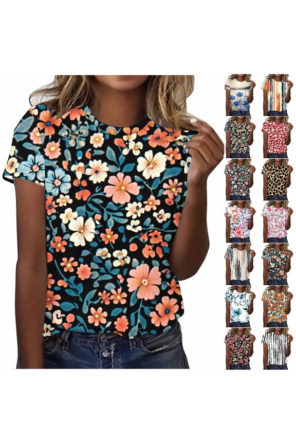 Plus Size Womens T-Shirts Cute Floral Printed Summer Short Sleeve Round Neck Graphic Tees Trendy Oversized Casual Tunic Blouse Multicolor#08 XXXL