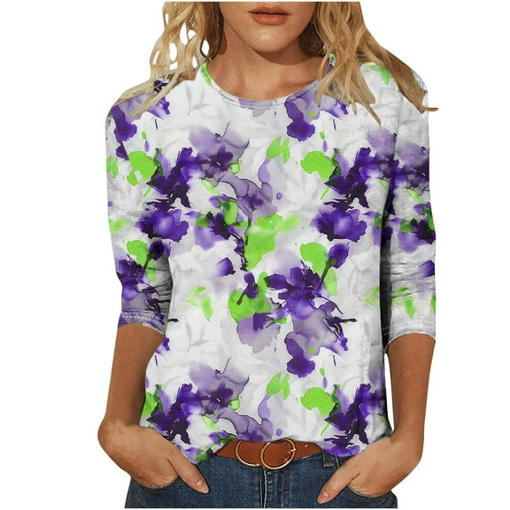 JTZGDY Plus Size Womens Tops Dressy Casual Floral Printed Summer 3/4 Length Sleeve Crewneck Graphic T-Shirts Loose Oversized Basic Tees Tunic Blouse Purple XXXXL