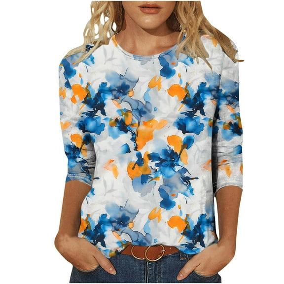 JTZGDY Plus Size Womens Tops Dressy Casual Floral Printed Summer 3/4 Length Sleeve Crewneck Graphic T-Shirts Loose Oversized Basic Tees Tunic Blouse Blue S