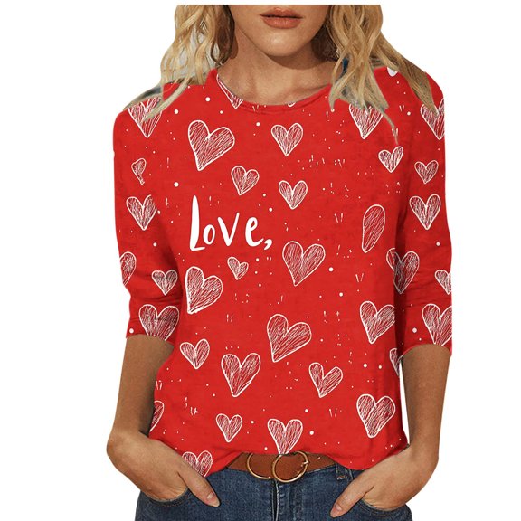JTZGDY Plus Size Womens Valentines Day T-Shirts Cute 3/4 Sleeve Round Neck Love Heart Pattern Graphic Tunic Tees Tops Loose Oversized Comfy Pullover Blouse Red#02 XL