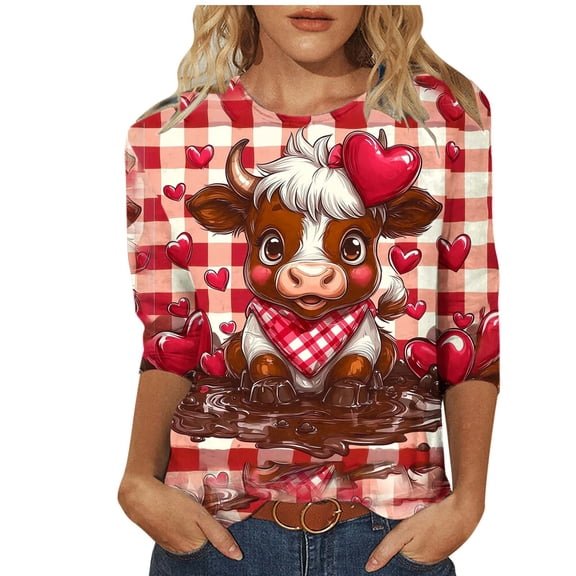 JTZGDY Plus Size Womens Valentines Day T-Shirts Cute 3/4 Sleeve Round Neck Love Heart Pattern Graphic Tunic Tees Tops Loose Oversized Comfy Pullover Blouse Red#01 S
