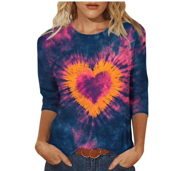 JTZGDY Plus Size Womens Valentines Day T-Shirts Cute 3/4 Sleeve Round Neck Love Heart Pattern Graphic Tunic Tees Tops Loose Oversized Comfy Pullover Blouse Purple#02 XL