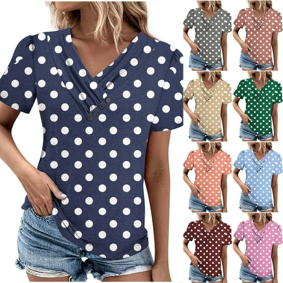 JTZGDY Polka Dot Tops for Women Dressy Casual Summer Button V Neck Graphic T-Shirts Loose Oversized Comfy Tunic Blouse Green M