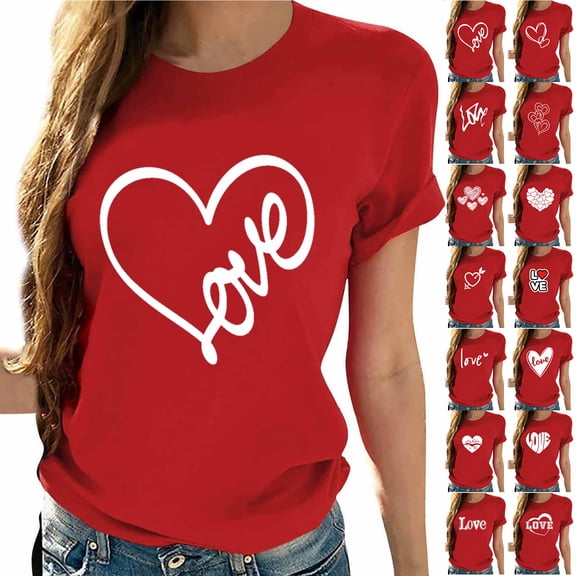 JTZGDY Red Shirts for Women Valentines Day Short Sleeve Crewneck Cute Heart Pattern Graphic T-Shirts Trendy Oversized Soft Cotton Holiday Tees Tops Red#12 M
