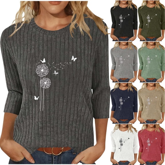 JTZGDY Ribbed Knit Sweaters Tops for Women Fall 3/4 Lenght Sleeve Crewneck Cute Pattern Print Tunic Blouse Fashion Oversized Dressy Casual Graphic Out Going T-Shirts White XL