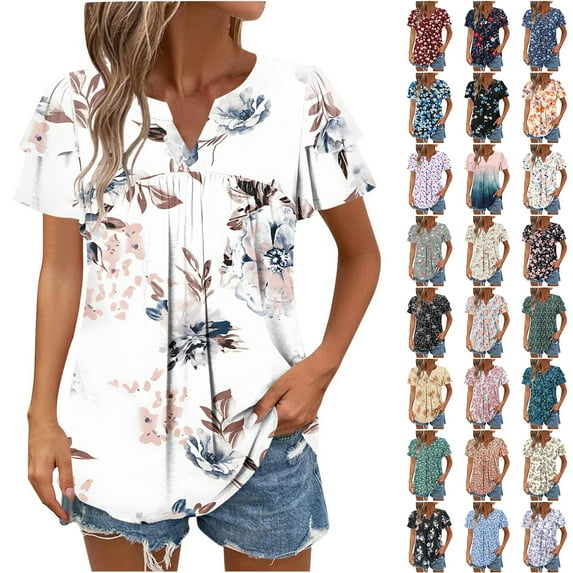 JTZGDY Ruffled Double Layer Short Sleeve V Neck Ruched Pleated Tunic Blouse for Women Loose Fit Boho Floral Print Dressy Casual Graphic Basic Tees Shirt Tops Orange L