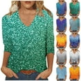 thumbnail image 1 of JTZGDY Sequin Tops for Women Plus Size 3/4 Sleeves Glitter Sparkly Printed Sexy V Neck Basic T-Shirts Dressy Casual Summer Oversized Tunic Blouse Multicolor#10 S, 1 of 6