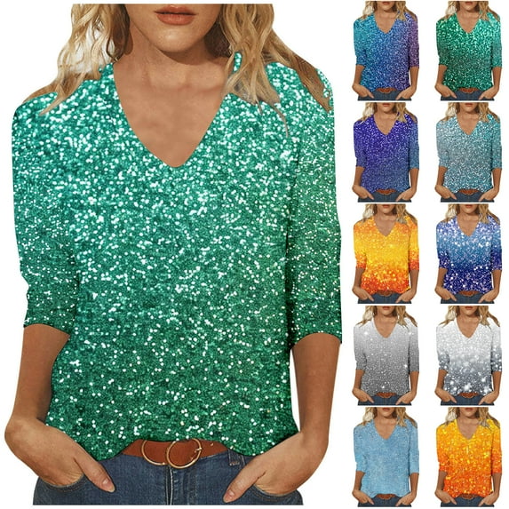 JTZGDY Sequin Tops for Women Plus Size 3/4 Sleeves Glitter Sparkly Printed Sexy V Neck Basic T-Shirts Dressy Casual Summer Oversized Tunic Blouse Multicolor#10 S