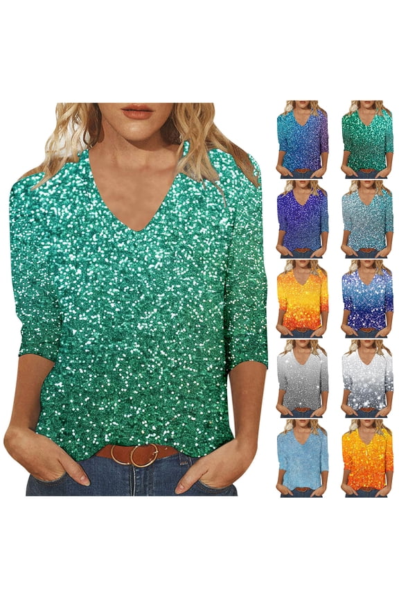 Sequin Tops for Women Plus Size 3/4 Sleeves Glitter Sparkly Printed Sexy V Neck Basic T-Shirts Dressy Casual Summer Oversized Tunic Blouse Multicolor#09 XXXL