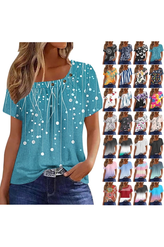 Short Sleeve Tops for Women Dressy Casual Floral Printed Summer Button Decor Asymmetric Square Neck Ruched Pleated Tunic Blouses Loose Oversized T-Shirts C-White XXXL