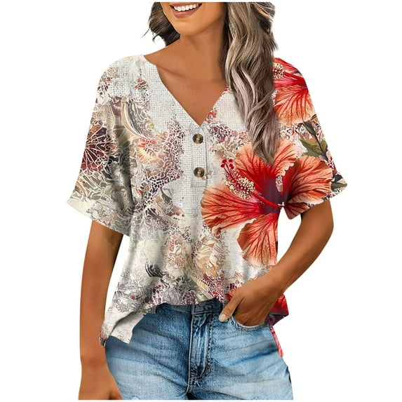 JTZGDY Short Sleeve V Neck T-Shirts for Women Dressy Floral Printed Summer Half Button Henley Tops Loose Fit Casual Graphic Vacation Tees Shirt Blouses Red#01 L