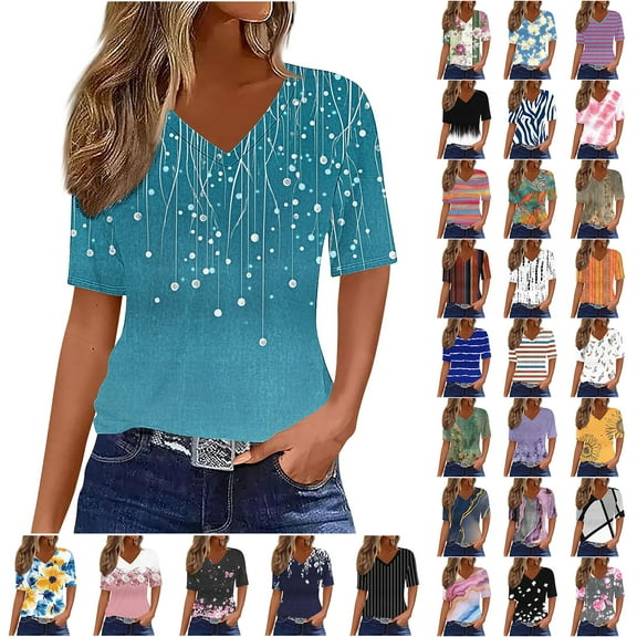 JTZGDY Short Sleeve V Neck Tops for Women Cute Summer Floral Printed Oversized Tunic Blouse Dressy Casual Basic Workout Tees Shirt Blue#01 M
