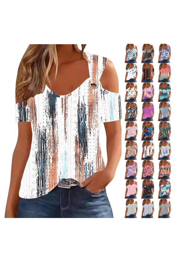 Off the Shoulder Crochet Tops for Women Casual Floral Printed Summer Short Sleeve Metal O-Ring Tie Strap V Neck Tunic Blouse Fashion Lace Eyelet Hollow out T-Shirts A-Purple#01 L