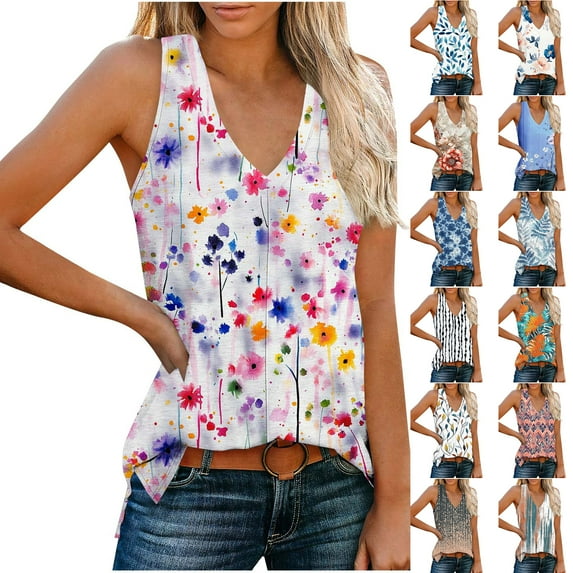 JTZGDY Sleeveless Shirts for Women Boho Floral Printed Summer Summer V Neck Basic Workout Tank Tops Dressy Blouses Loose Fit Tunics for Leggings Multicolor#06 S