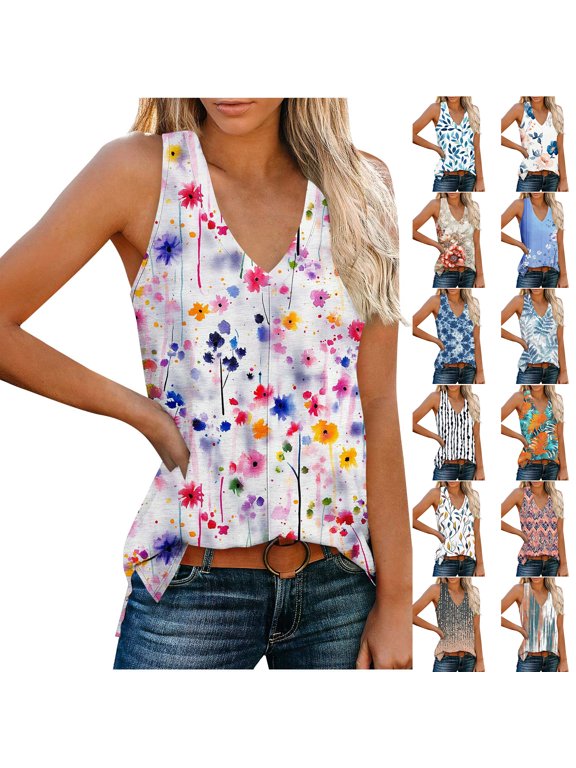 Sleeveless Shirts for Women Boho Floral Printed Summer Summer V Neck Basic Workout Tank Tops Dressy Blouses Loose Fit Tunics for Leggings Multicolor#10 S