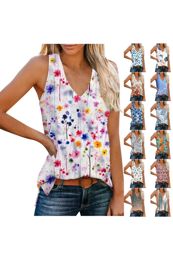 Sleeveless Shirts for Women Boho Floral Printed Summer Summer V Neck Basic Workout Tank Tops Dressy Blouses Loose Fit Tunics for Leggings Multicolor#13 XL