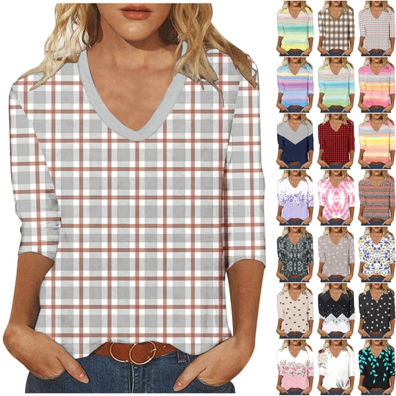 JTZGDY Spring V Neck Tops for Women Cute 3/4 Length Sleeve Floral/Striped/Color Block Print Tunic Blouse Loose Oversized Dressy Casual Graphic Tees Tshirt Gray#01 XXXL
