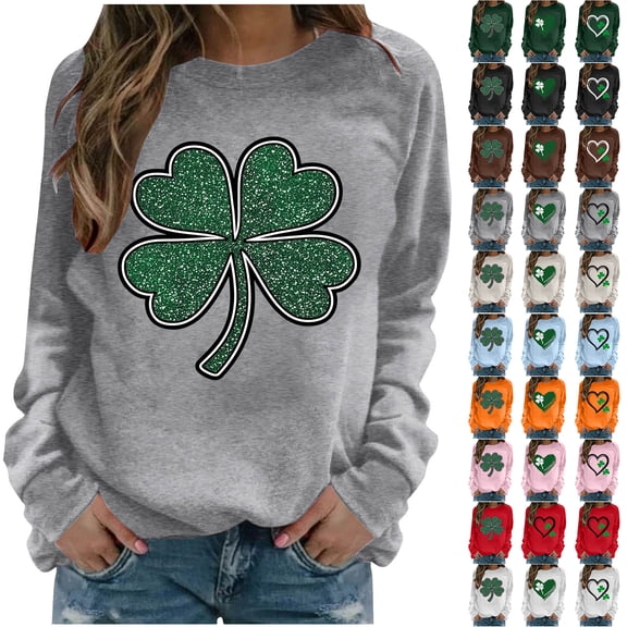 JTZGDY St. Patrick's Day Green Shirts for Women Cute Shamrock Heart Print Long Sleeve Crewneck Pullover Sweatshirts Fashion Holiday Graphic T-Shirts Trendy Cozy Outfit Clothes B-Khaki S