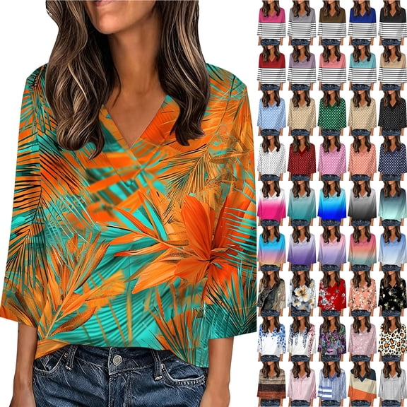 JTZGDY Stain Blouses for Women Plus Size Elegant Casual 3/4 Length Sleeve Tie Dye/Striped Color Block/Polka Dot/Boho Floral Print V Neck T-Shirts Trendy Oversized Silk Tunic Tops A-Orange S