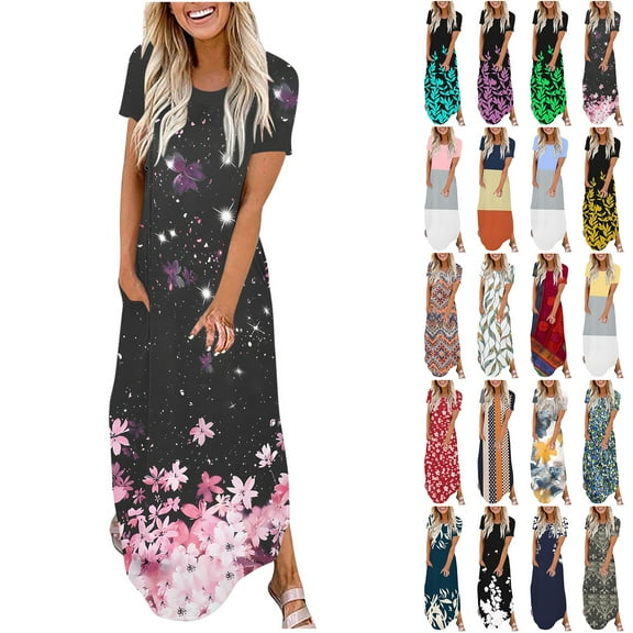 JTZGDY Summer Dresses for Women 2025 Casual Floral Print Short Sleeve Maxi Beach Sundress Loose Fit Crewneck Long T-Shirt Dress with Pockets Travel Vacation Outfits Yellow#02 XL