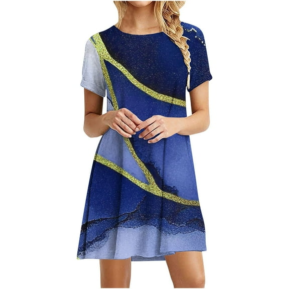 JTZGDY Summer Dresses for Women Loose Fit Casual Tie Dye Marble Print Crewneck Tshirt Dress Short Sleeve Sundress Beach Cover Ups Blue L