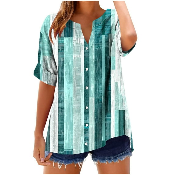 JTZGDY Summer Floral Shirts for Women 2025 Gauze Short Sleeve Tie Dye V Neck Button Loose Fit Blouses Vacation Dress Casual Tunic Tops Green#02 M
