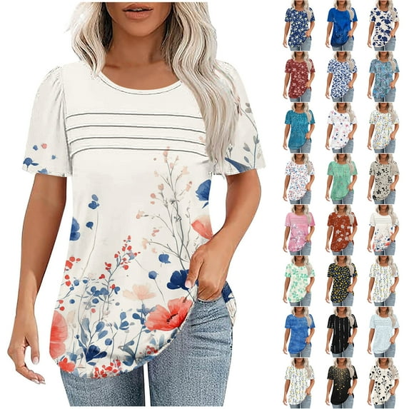 JTZGDY Summer Shirts for Women Casual Ruched Pleated Short Sleeve Crewneck Graphic T-Shirts Cute Floral Printed Ladies Flowy Tunic Blouse Blue#01 XL
