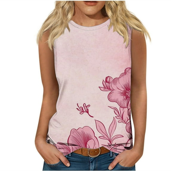 JTZGDY Summer Sleeveless Tank Tops for Women Loose Fit Casual Floral Graphic T-Shirts Trendy Cotton Basic Workout Cami Tees Shirt Pink L