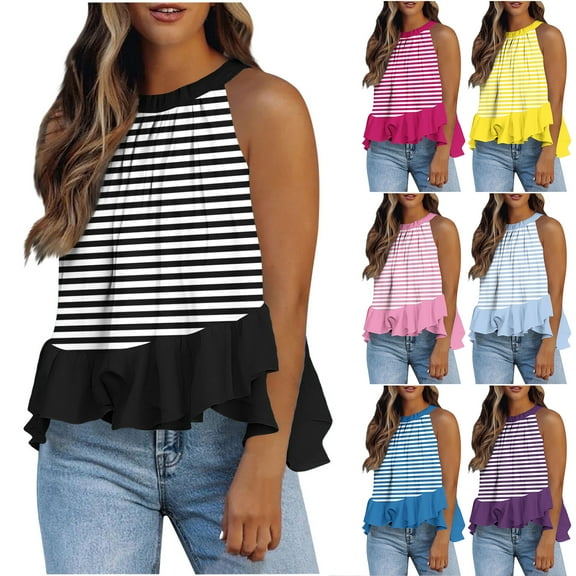 JTZGDY Summer Striped Pritned Halter Neck Tank Tops for Women Pleated Loose Fit Sleeveless Camisole Vest Flowy Tunic Blouse Hot Pink S