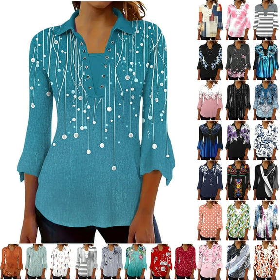 JTZGDY Summer Tops for Women Dressy Casual Button V Neck Henley Shirts Vintage Printed 3/4 Bell Sleeve Lapel Collared Flowy Work Business Tunic Blouse Blue#01 XXL