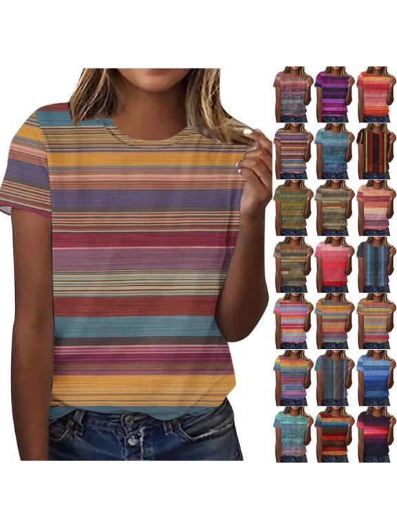 Summer Tops for Women Loose Fit Casual Striped Color Block Print Short Sleeve Crewneck Graphic T-Shirts Trendy Oversized Basic Tunic Blouse Multicolor#16 XXL